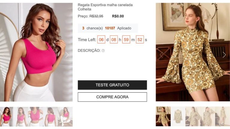 Imagem do site da Shein com duas modelos vestindo roupas disponíveis para teste gratuito