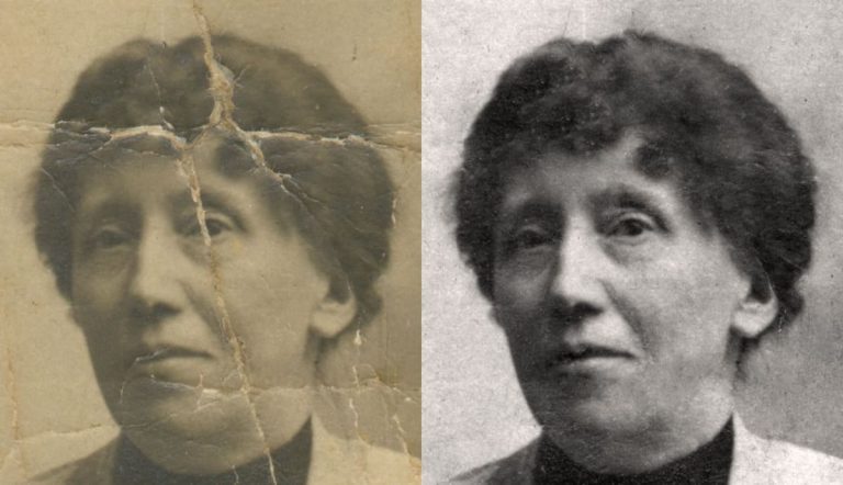 Foto antiga restaurada do rosto de uma mulher.