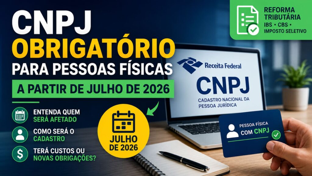 Ilustração sobre o CNPJ obrigatório para pessoas físicas a partir de julho de 2026 conforme as novas regras da Reforma Tributária.