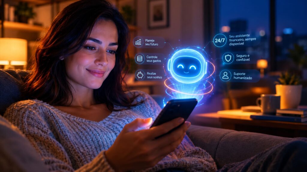 Pessoa segurando um smartphone com um holograma amigável saindo da tela, representando suporte virtual.