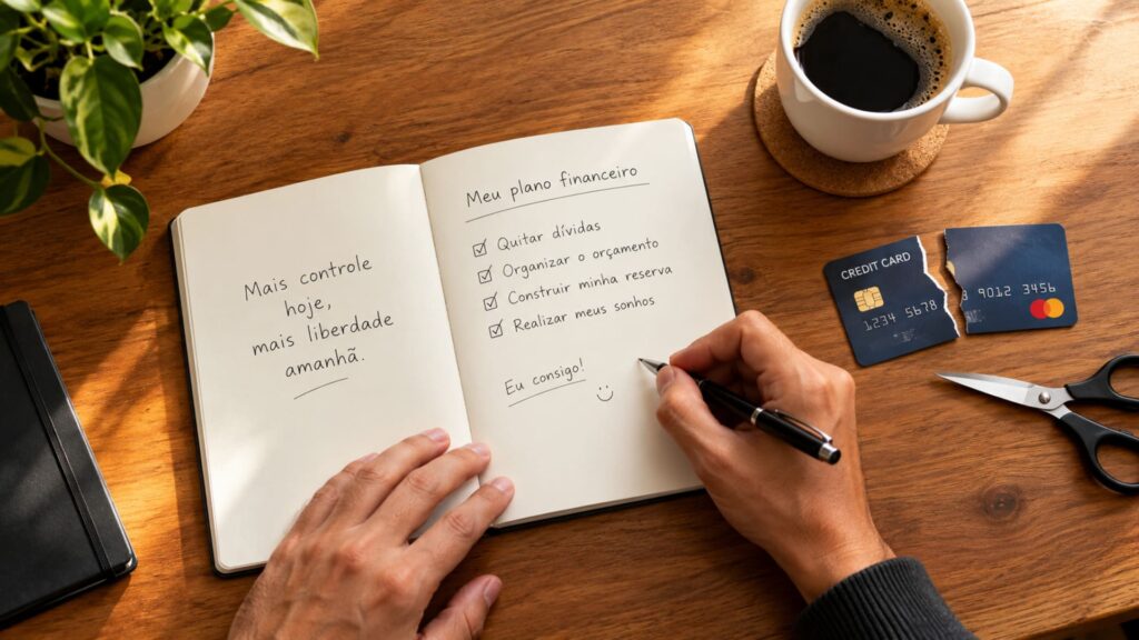 Caderno de anotações aberto ao lado de um cartão de crédito cortado ao meio, mostrando um controle financeiro simples e sem tecnologia.
