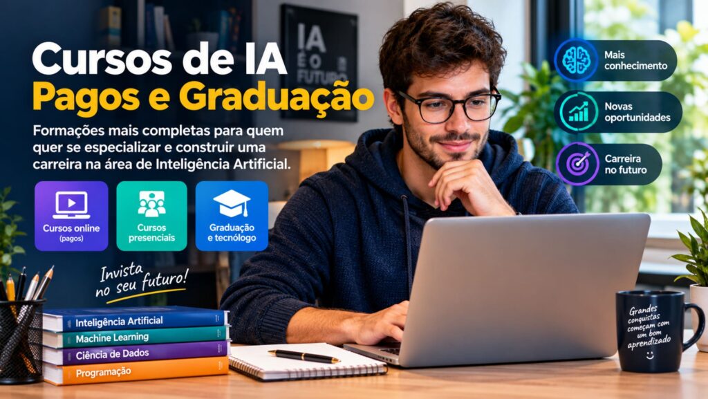 Cursos de IA pagos e de graduação.