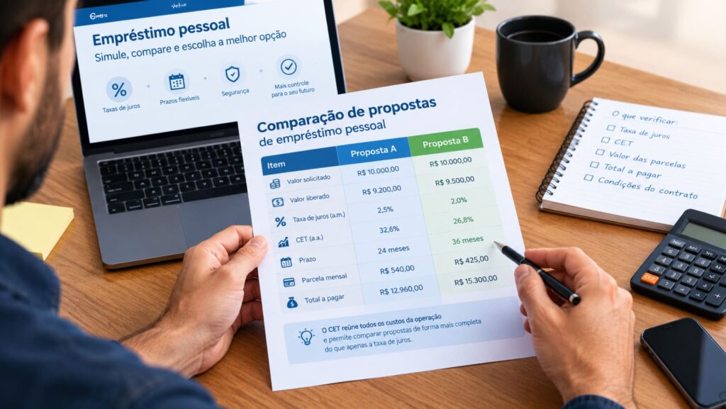 Comparação de propostas de empréstimo pessoal com juros e CET.