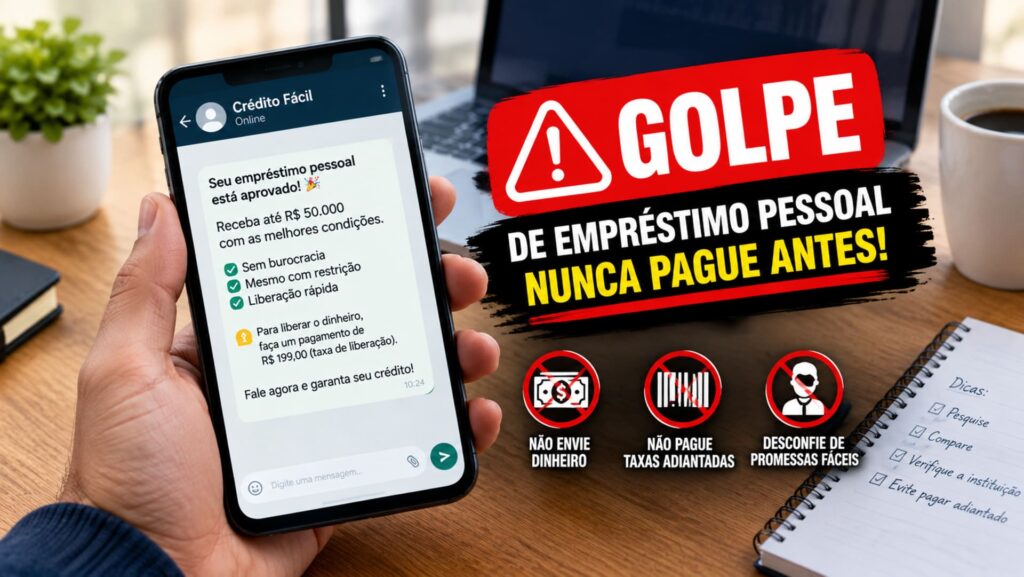 Alerta sobre golpe de empréstimo pessoal com cobrança antecipada.