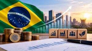 Perspectivas para a economia brasileira em 2027 com gráficos financeiros e cédulas de real.