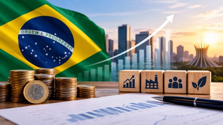 Perspectivas para a economia brasileira em 2027 com gráficos financeiros e cédulas de real.