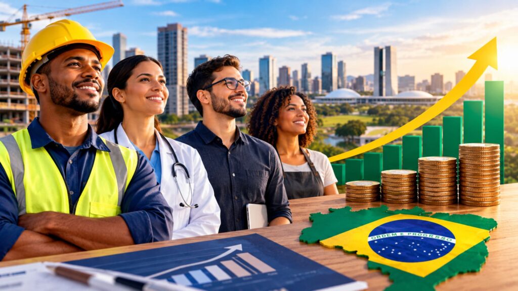 Trabalhadores e atividade econômica representando as perspectivas de crescimento do Brasil em 2027.